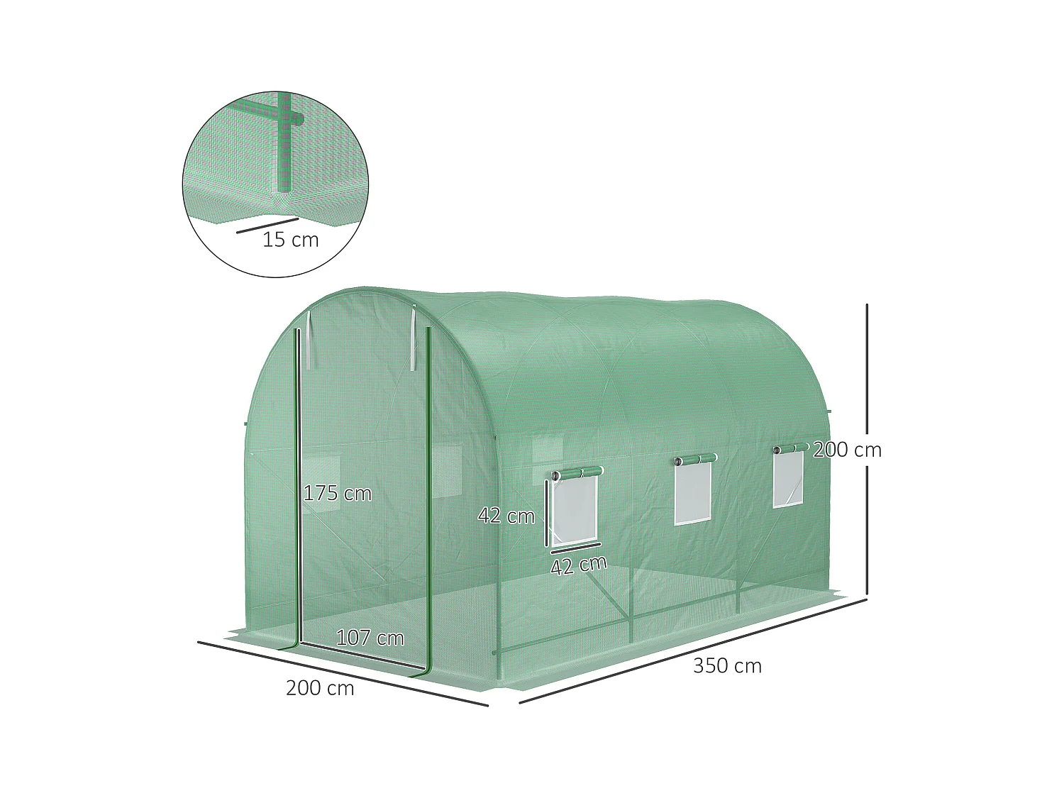 Tunnelkas met ramen, stalen constructie, UV-bescherming, 350x200x200 cm, groen