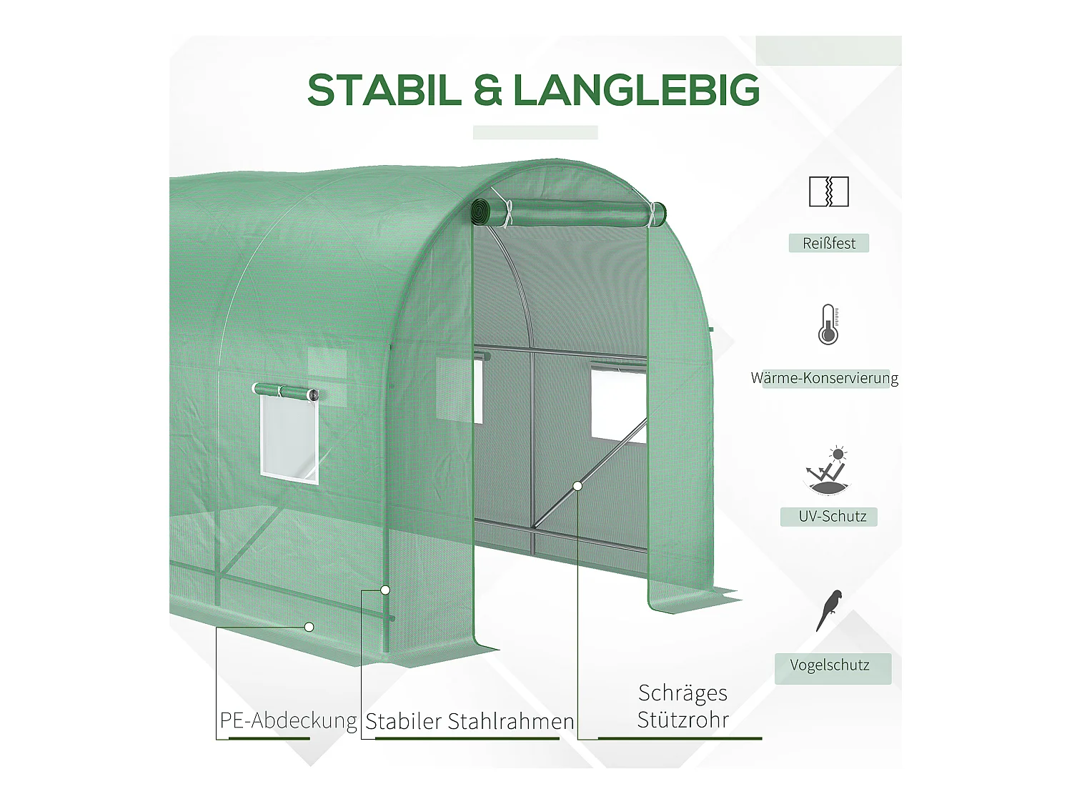 Tunnelkas met ramen, stalen constructie, UV-bescherming, 350x200x200 cm, groen