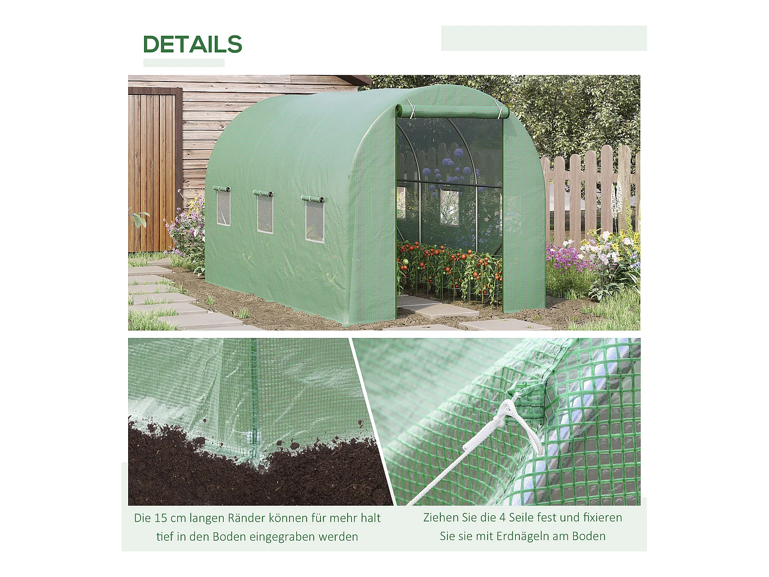 Tunnelkas met ramen, stalen constructie, UV-bescherming, 350x200x200 cm, groen