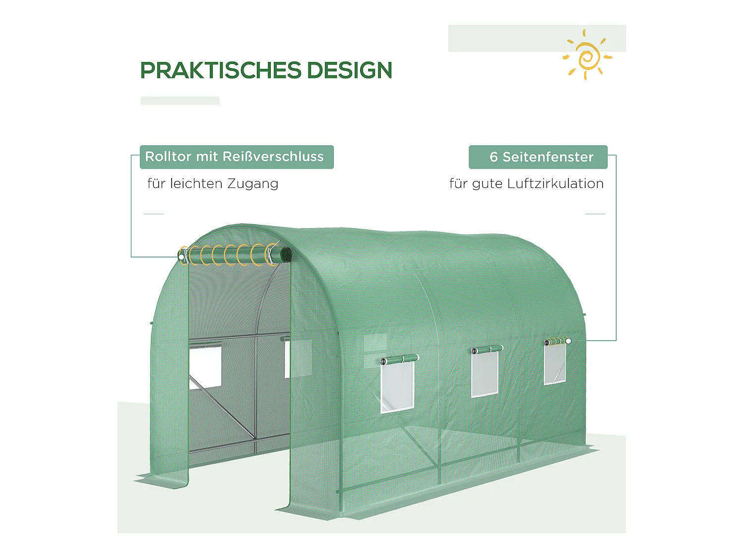 Tunnelkas met ramen, stalen constructie, UV-bescherming, 350x200x200 cm, groen