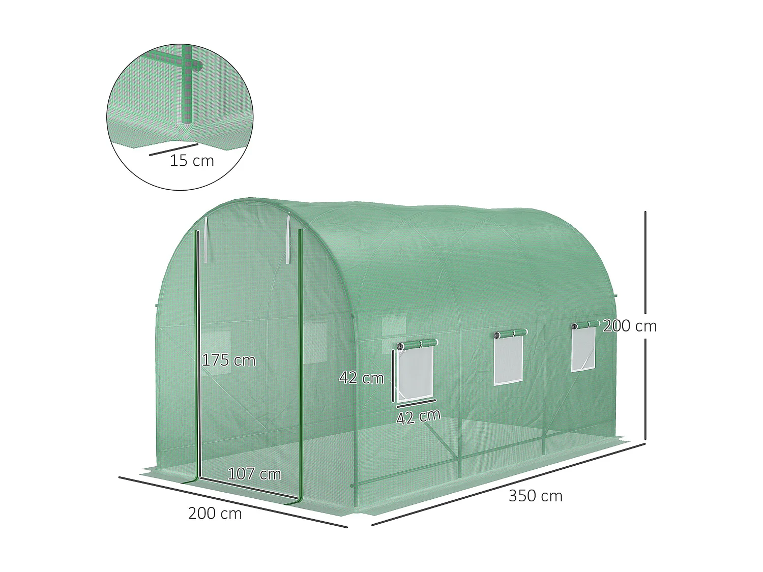 Serre Tunnel avec Fenêtres, Structure en Acier, Protection UV, 350x200x200 cm, Verte