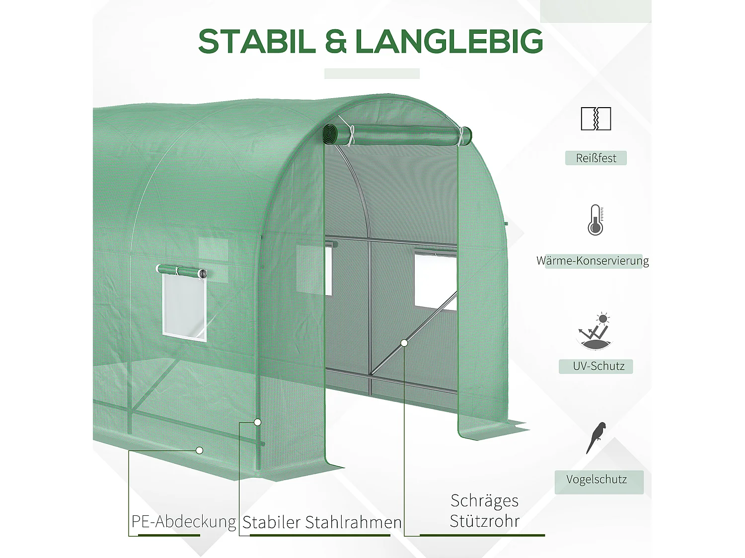 Serre Tunnel avec Fenêtres, Structure en Acier, Protection UV, 350x200x200 cm, Verte