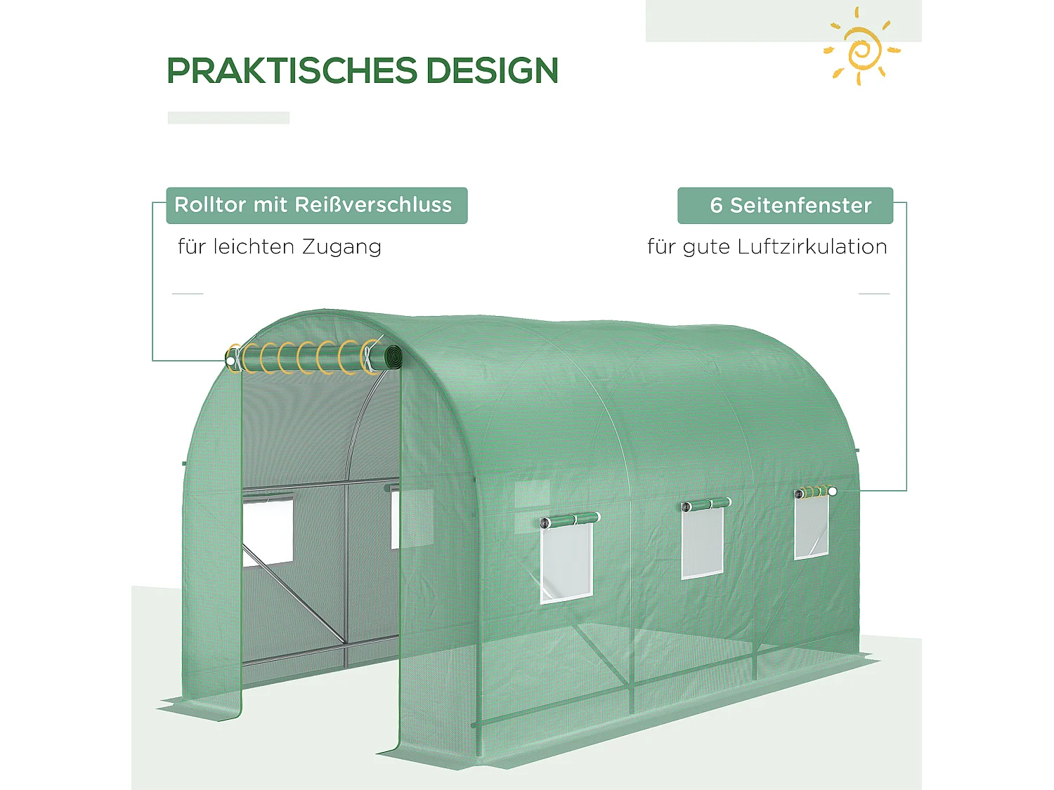 Serre Tunnel avec Fenêtres, Structure en Acier, Protection UV, 350x200x200 cm, Verte