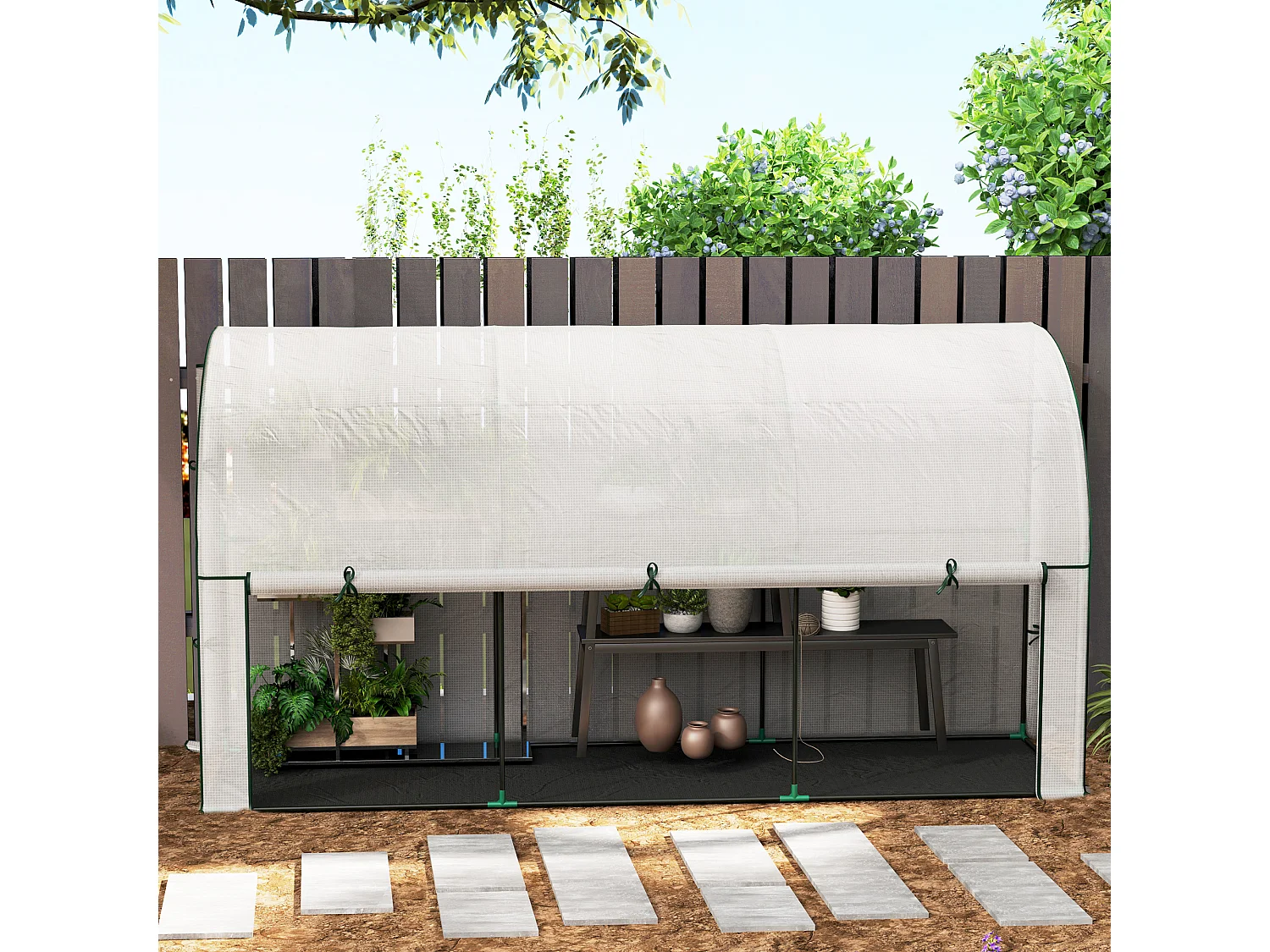 Tuinkas met roldeur, kunststof, wit (300x80x157 cm)