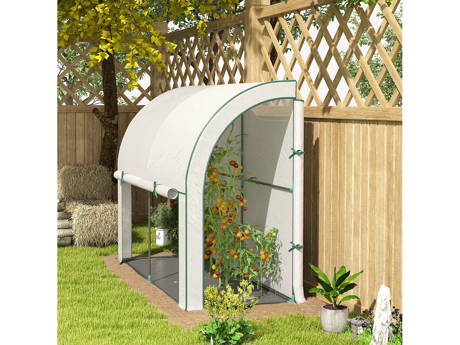 Tuinkas met roldeur, kunststof en staal, wit, UV-bescherming (200x80x157 cm)