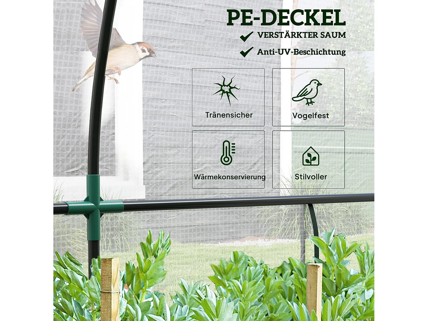 Tuinkas met roldeur, kunststof en staal, wit, UV-bescherming (200x80x157 cm)