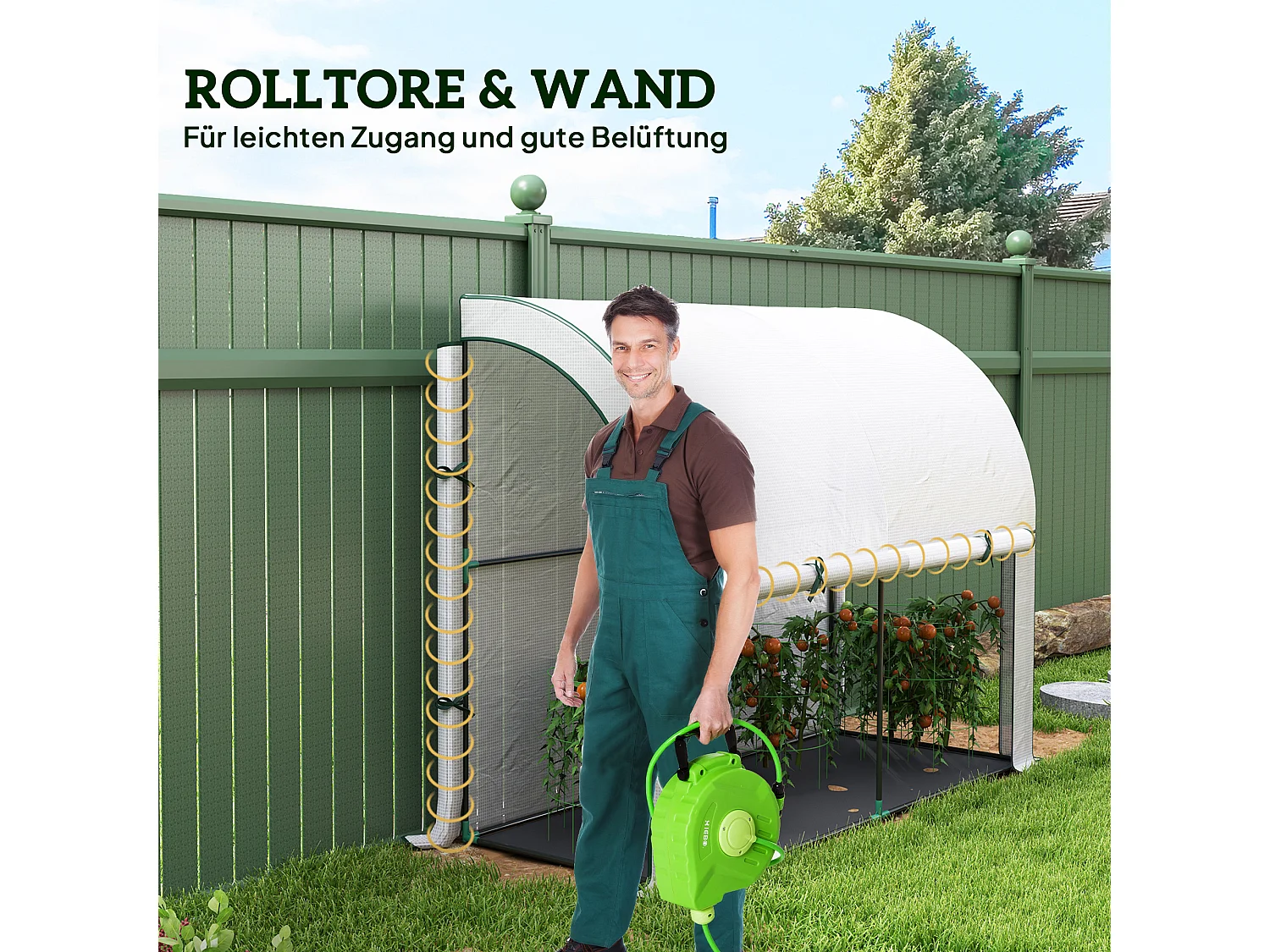 Tuinkas met roldeur, kunststof en staal, wit, UV-bescherming (200x80x157 cm)