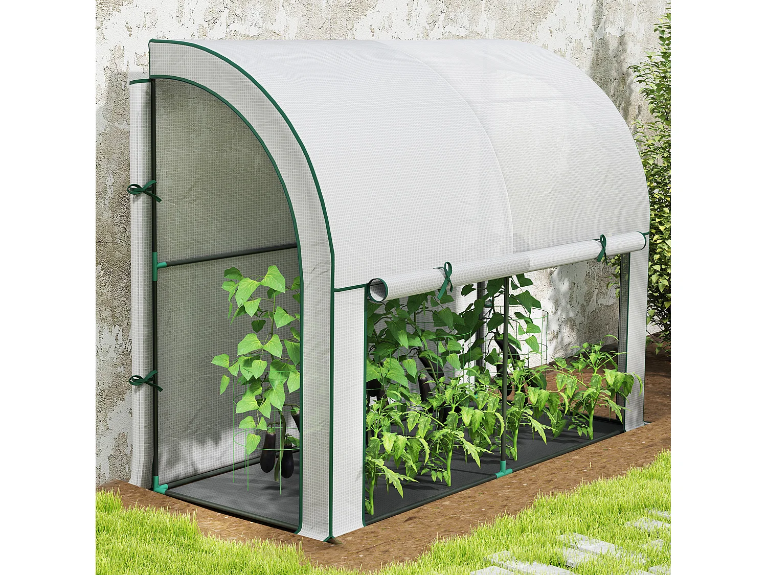 Tuinkas met roldeur, kunststof en staal, wit, UV-bescherming (200x80x157 cm)