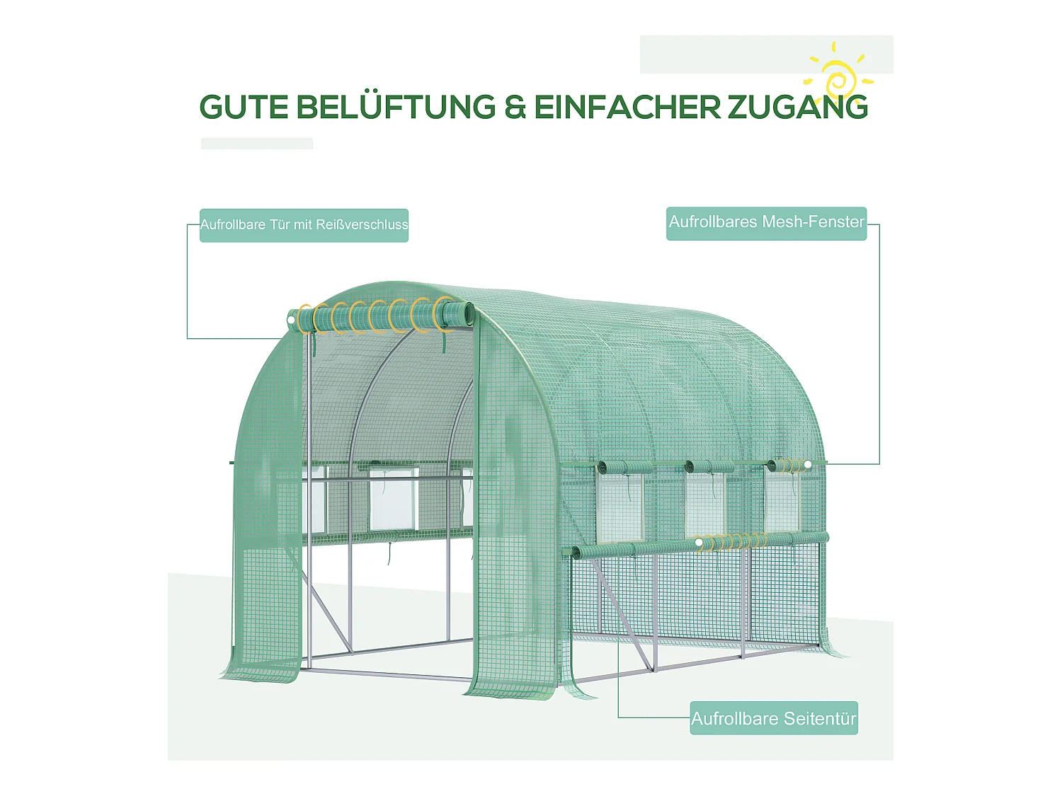 Tunnelkas 2,95x2x2m, met 6 ramen, UV-bescherming, staal, groen (295x200x200 cm)