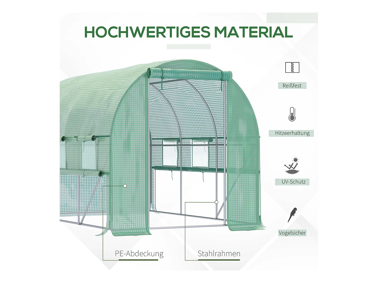 Tunnelkas 2,95x2x2m, met 6 ramen, UV-bescherming, staal, groen (295x200x200 cm)