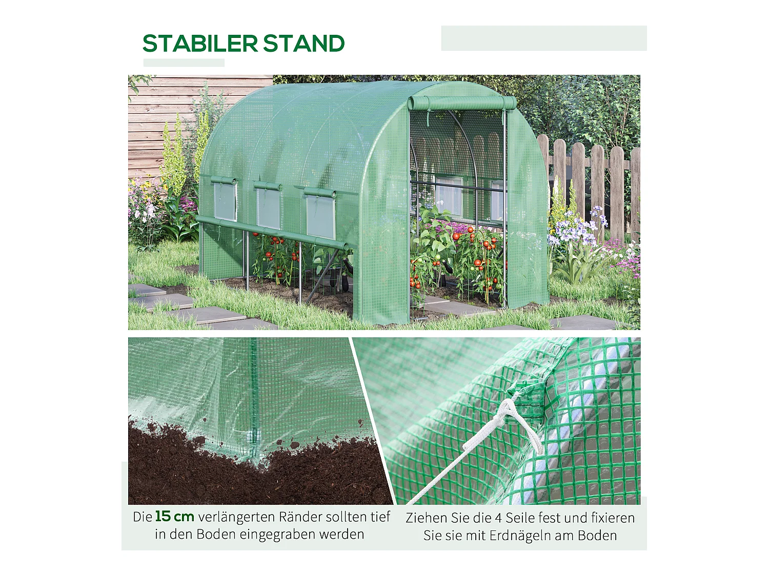 Tunnelkas 2,95x2x2m, met 6 ramen, UV-bescherming, staal, groen (295x200x200 cm)