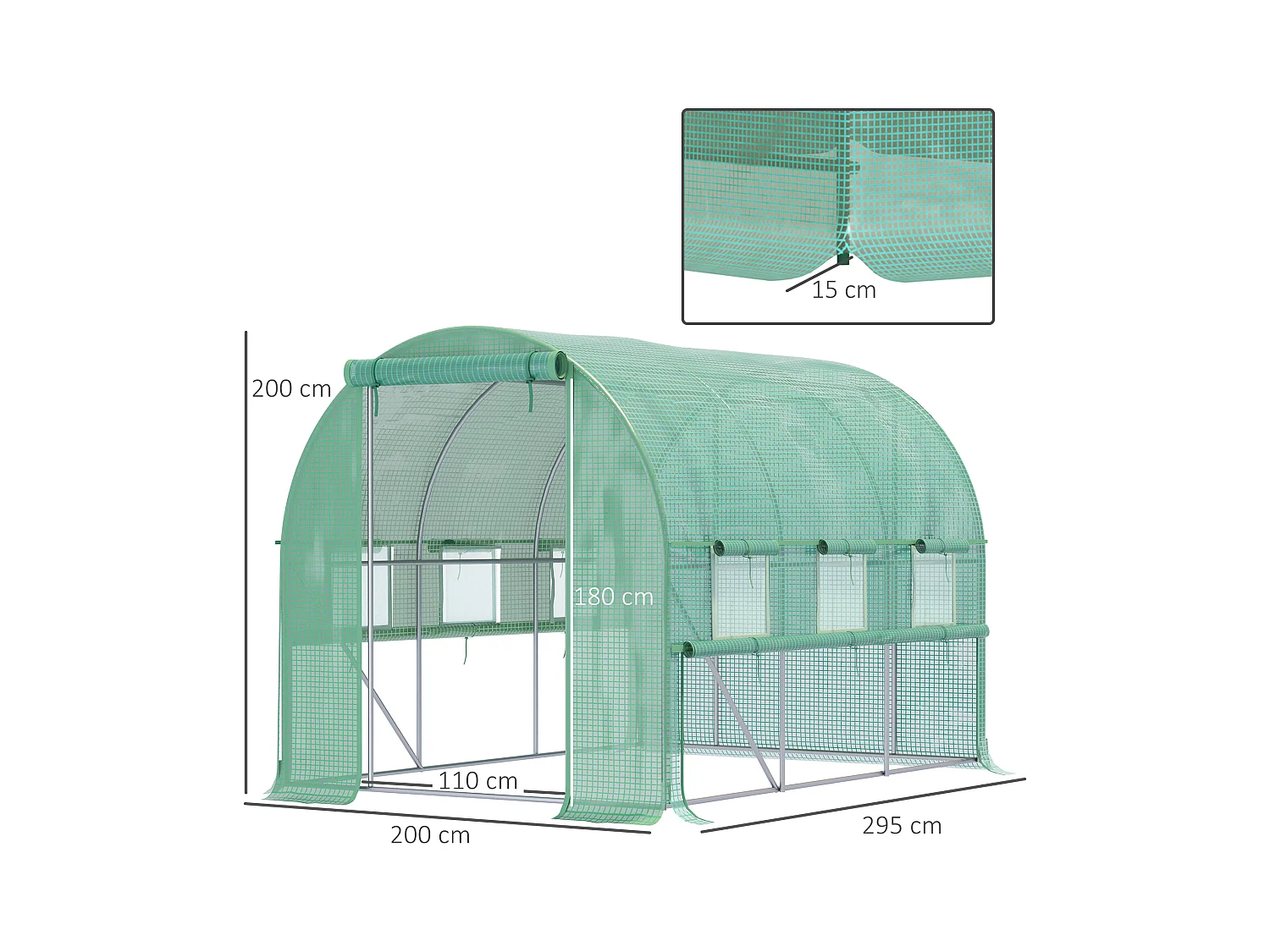 Serre tunnel 2,95x2x2m, avec 6 fenêtres, protection UV, acier, vert (295x200x200 cm)