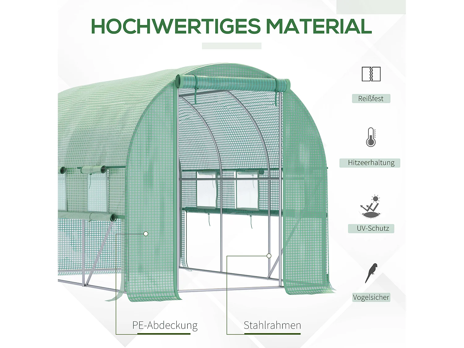 Serre tunnel 2,95x2x2m, avec 6 fenêtres, protection UV, acier, vert (295x200x200 cm)