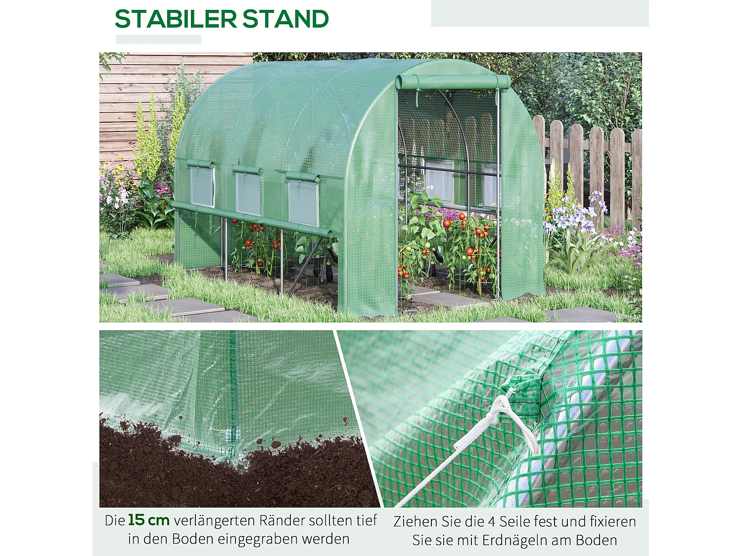 Serre tunnel 2,95x2x2m, avec 6 fenêtres, protection UV, acier, vert (295x200x200 cm)