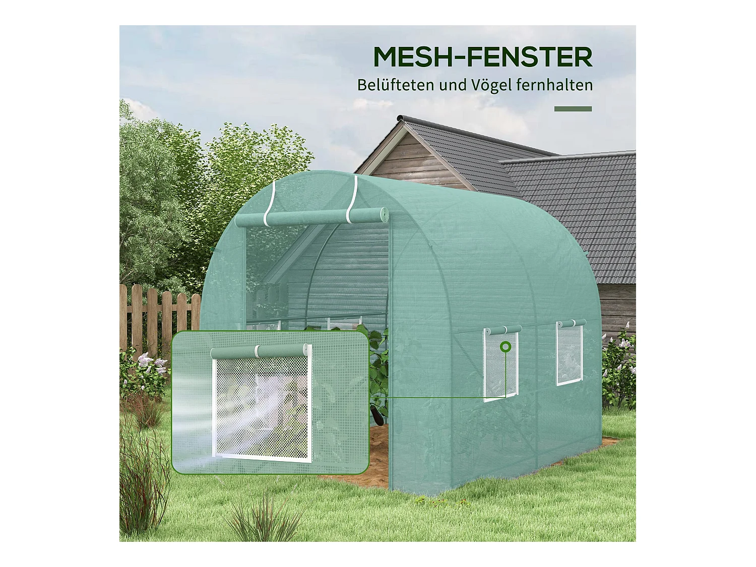 Tunnelkas met ramen, stalen constructie, UV-bescherming, 245x200x198 cm, groen