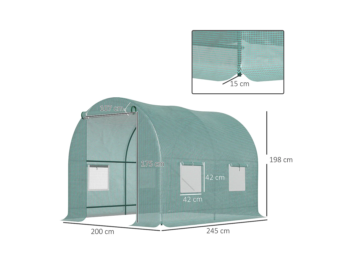 Serre Tunnel avec Fenêtres, Structure en Acier, Protection UV, 245x200x198 cm, Verte