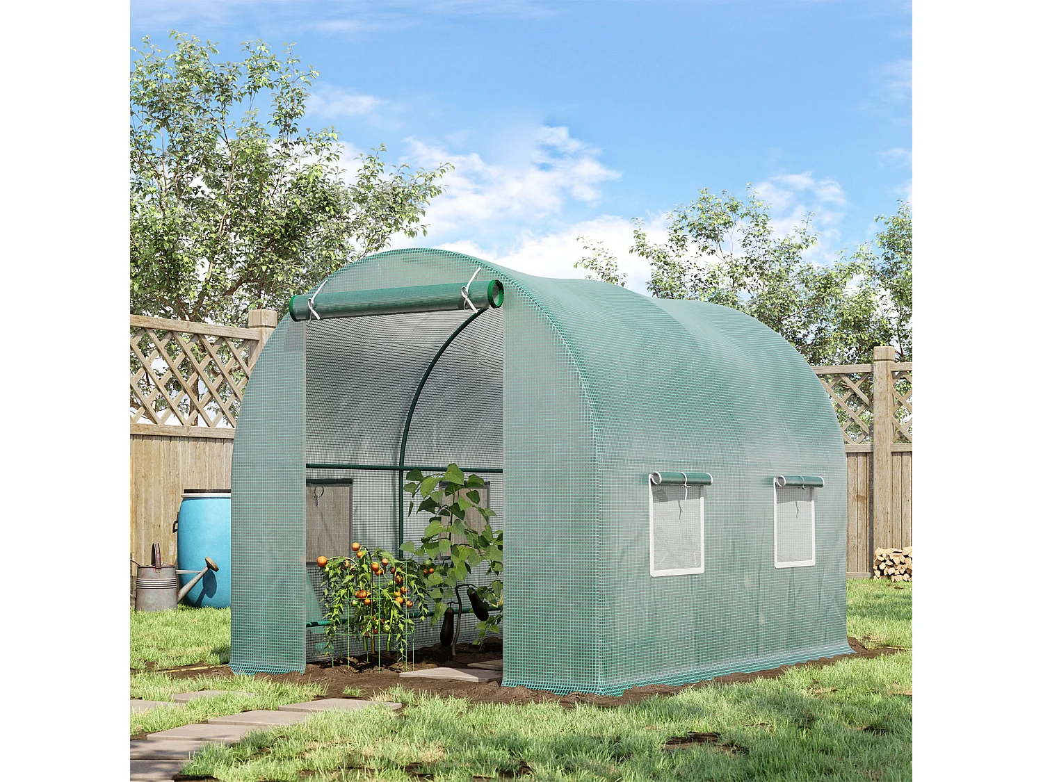 Serre Tunnel avec Fenêtres, Structure en Acier, Protection UV, 245x200x198 cm, Verte