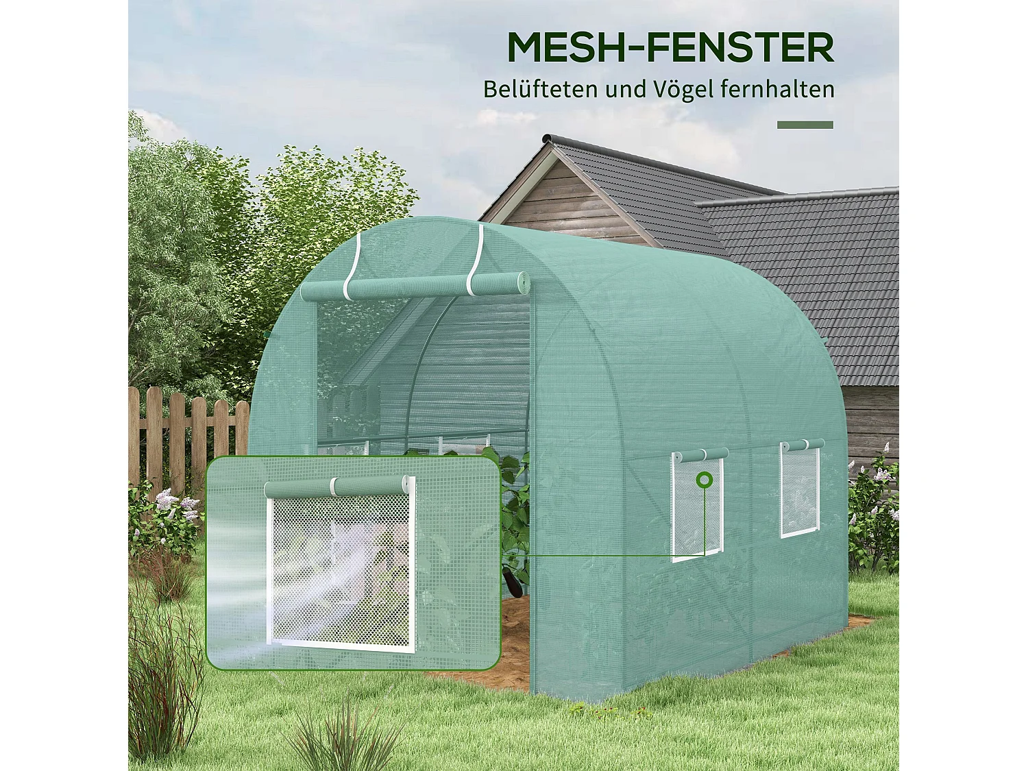 Serre Tunnel avec Fenêtres, Structure en Acier, Protection UV, 245x200x198 cm, Verte