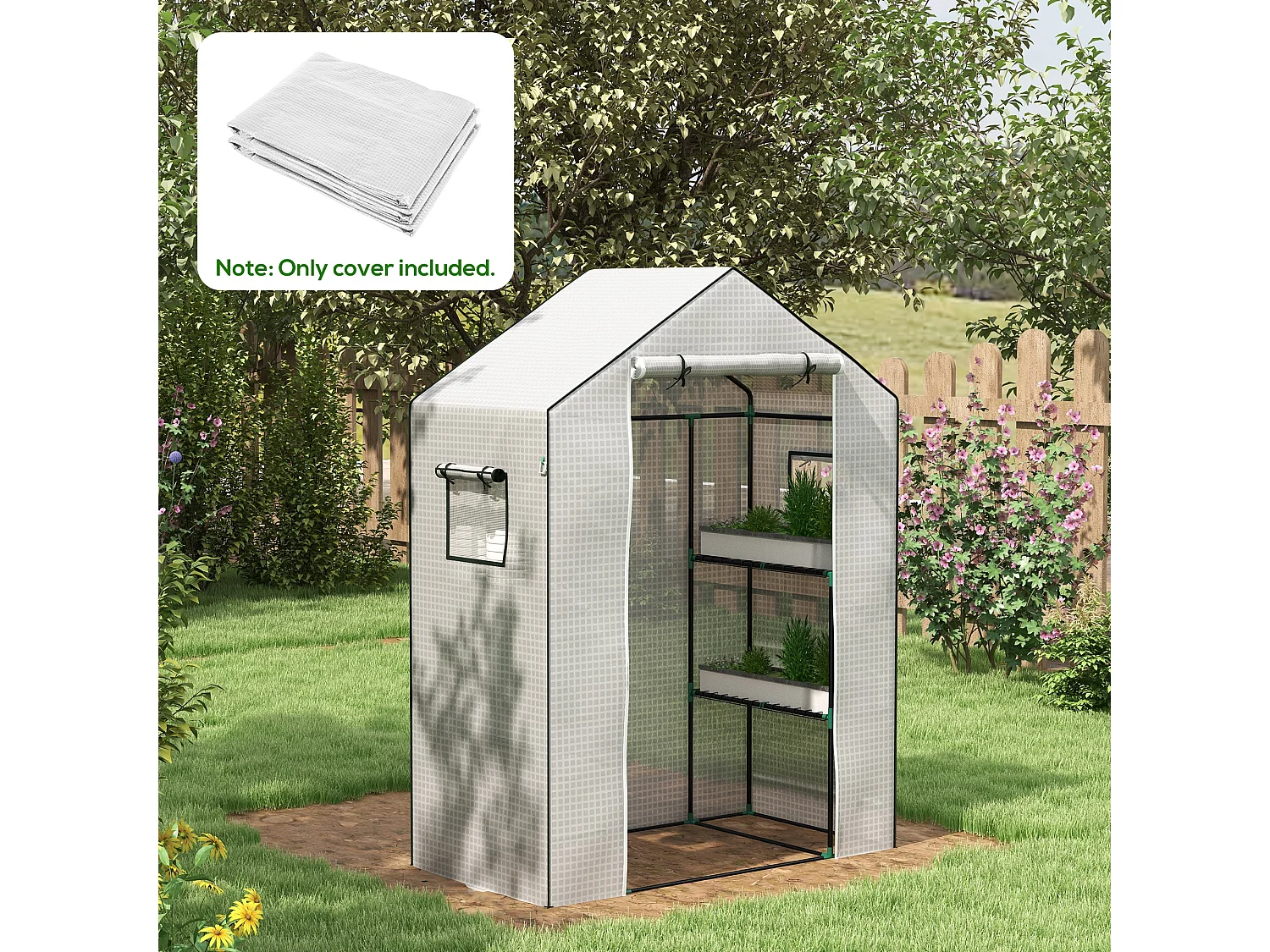 Housse de remplacement pour serre, PE renforcé avec protection UV, porte à enroulement, fenêtre latérale, blanche (140x73x190cm)