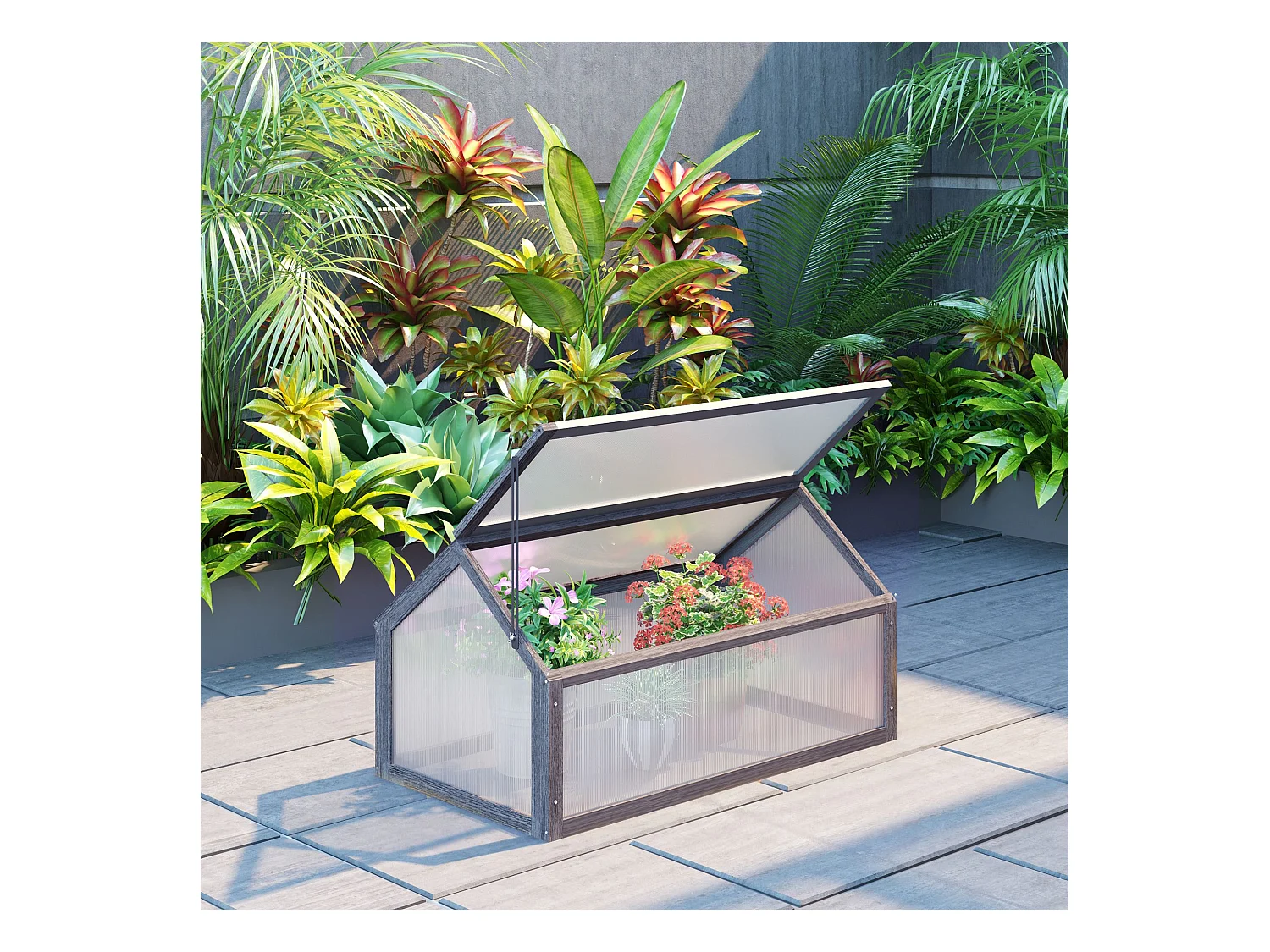 Mini serre en bois avec couverture réglable, plastique transparent, gris (90x52x49.5cm)