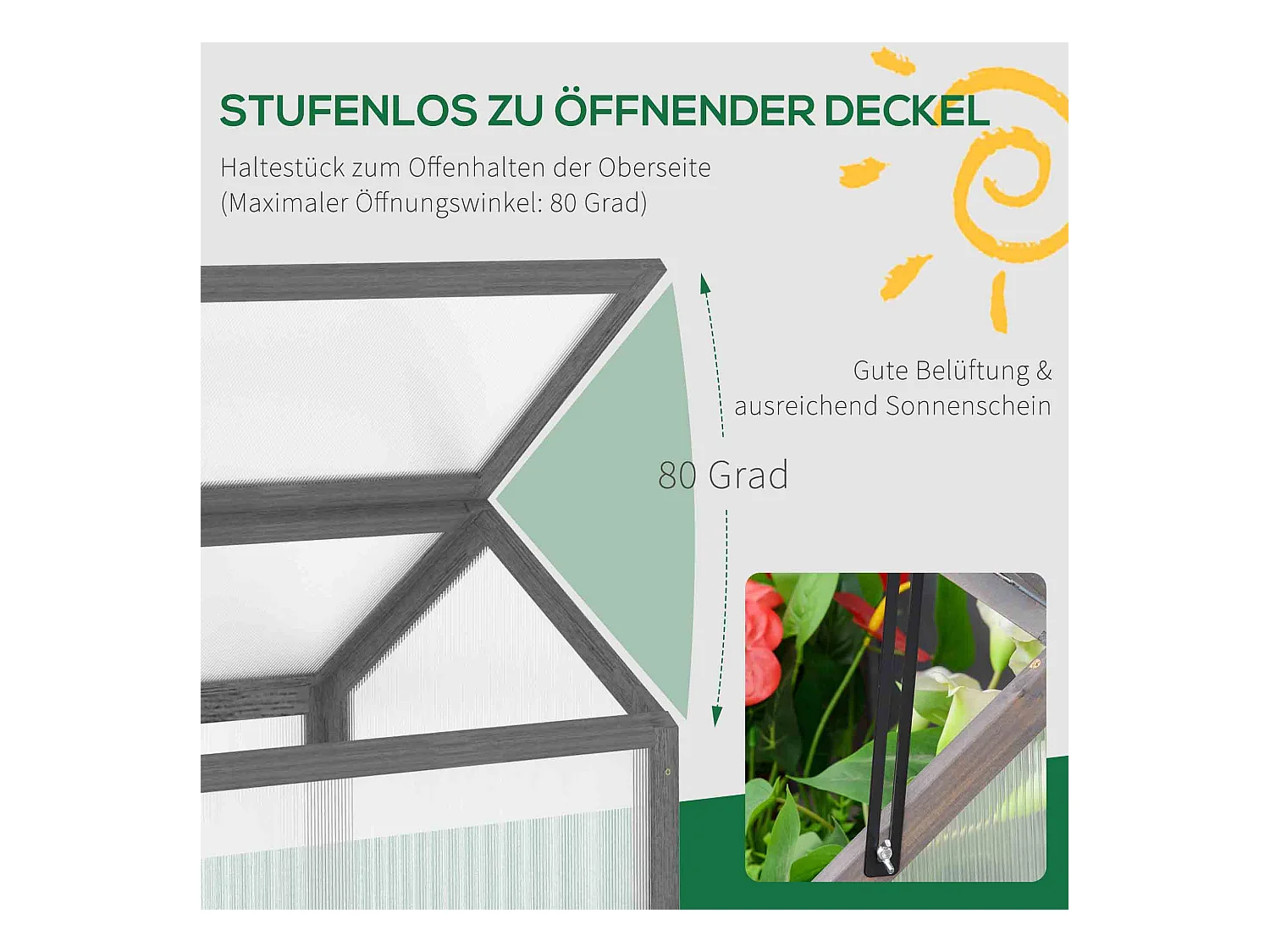 Mini serre en bois avec couverture réglable, plastique transparent, gris (90x52x49.5cm)