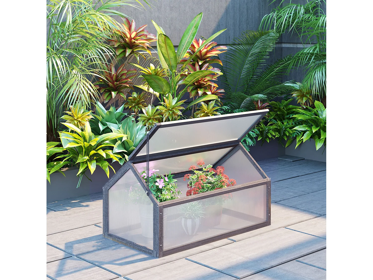 Mini serre en bois avec couverture réglable, plastique transparent, gris (90x52x49.5cm)