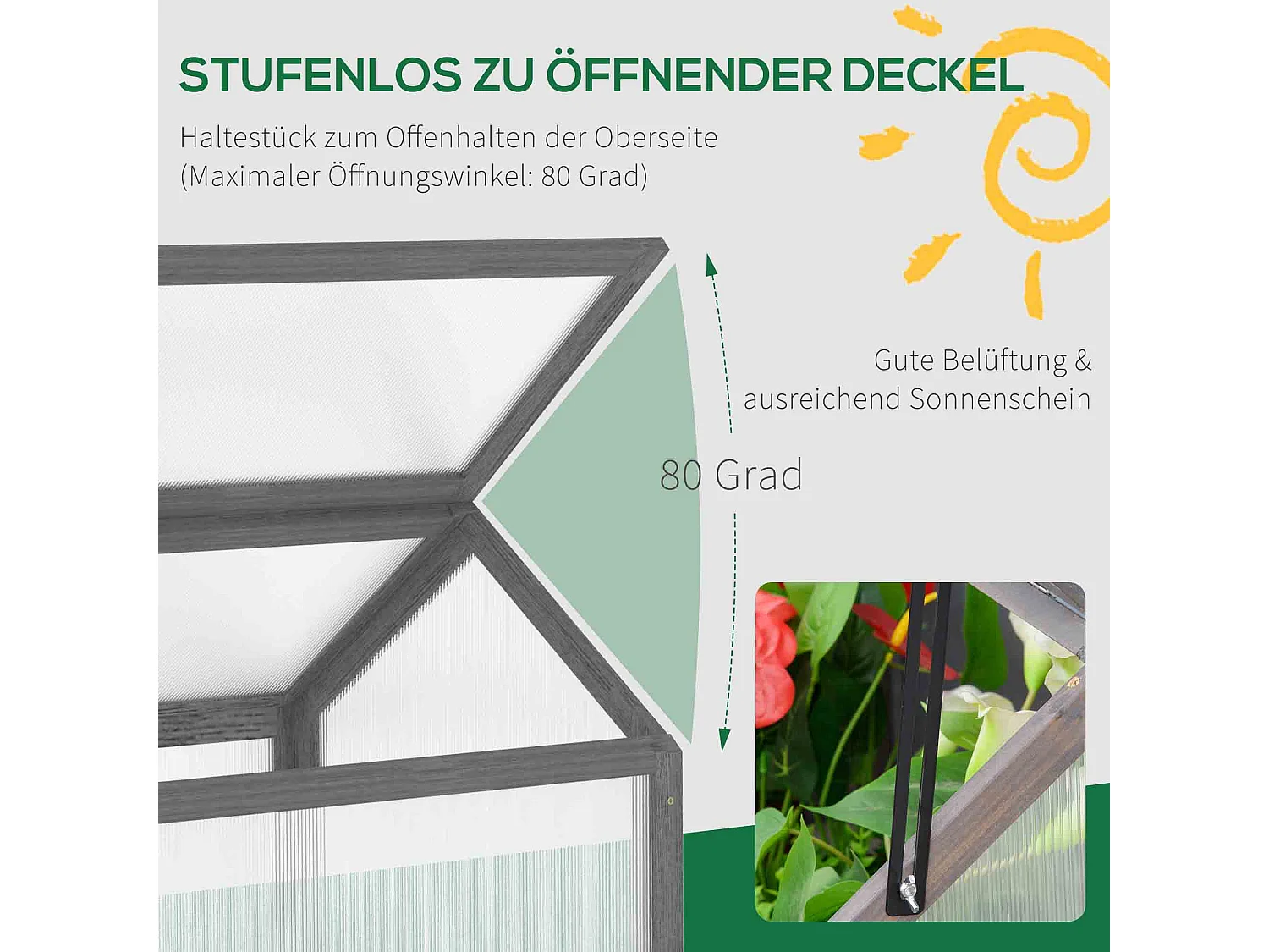 Mini serre en bois avec couverture réglable, plastique transparent, gris (90x52x49.5cm)