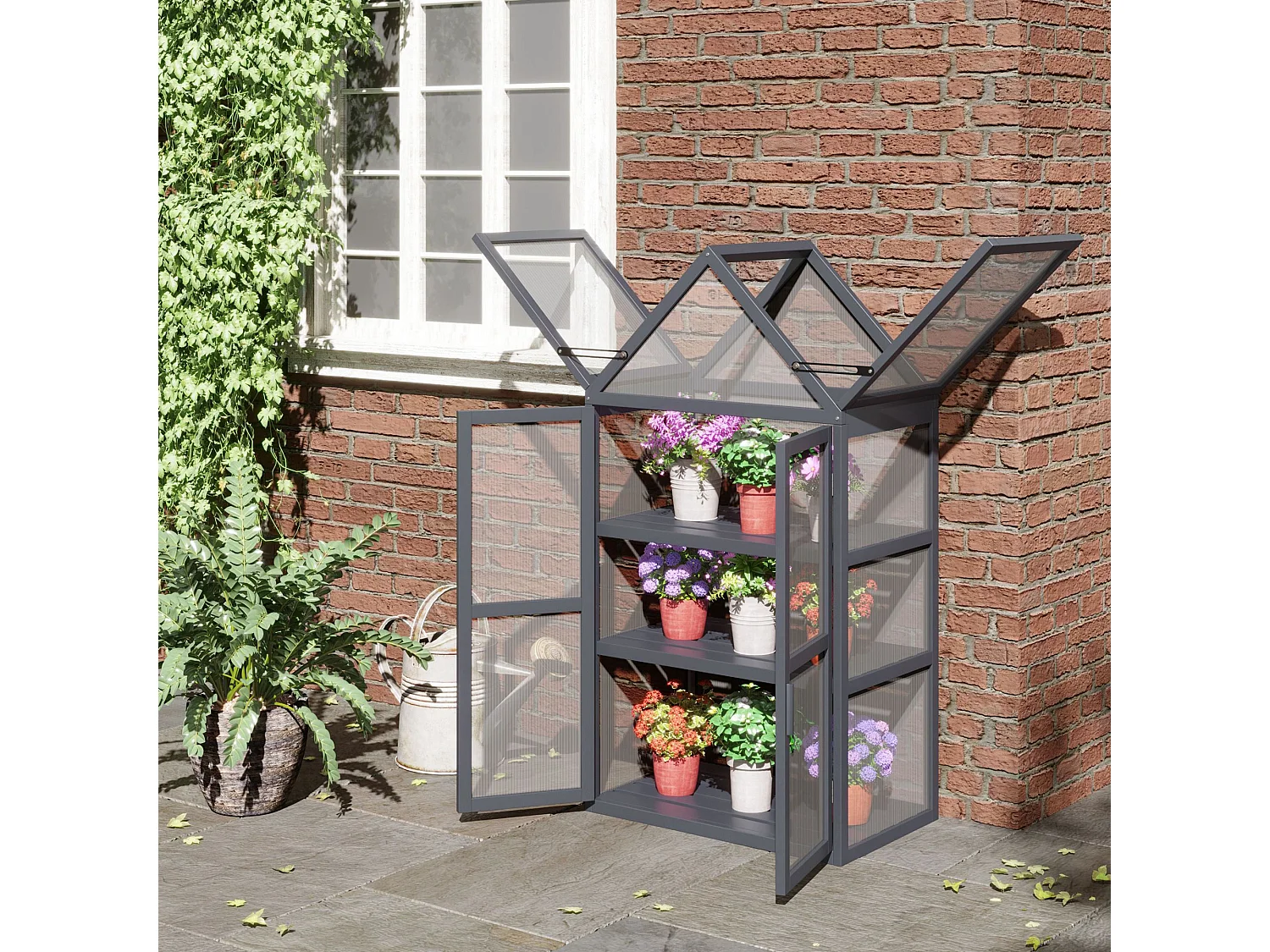 Mini serre à 3 niveaux avec toit ouvrant, cadre bois naturel, gris (70.5x42x132cm)