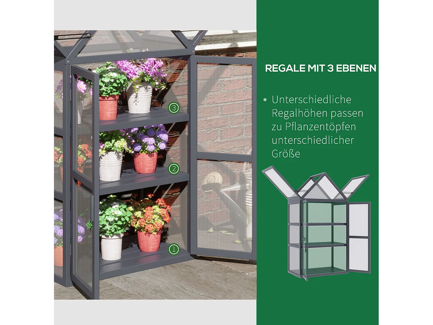 Mini serre à 3 niveaux avec toit ouvrant, cadre bois naturel, gris (70.5x42x132cm)