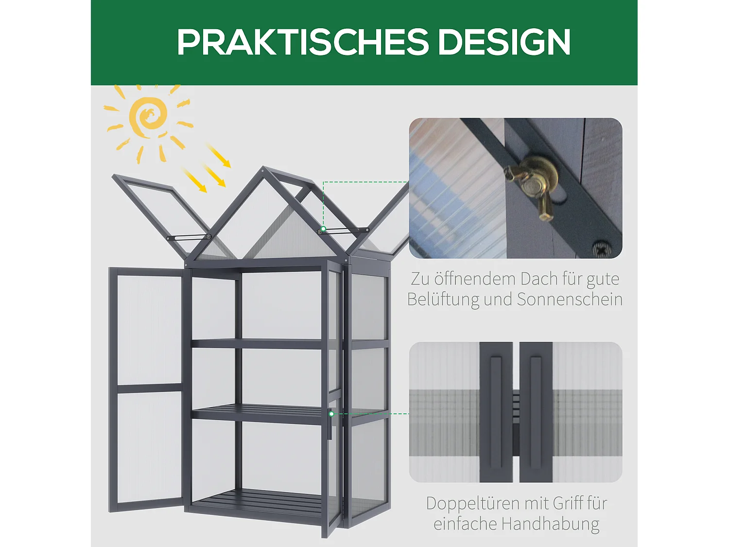 Mini serre à 3 niveaux avec toit ouvrant, cadre bois naturel, gris (70.5x42x132cm)