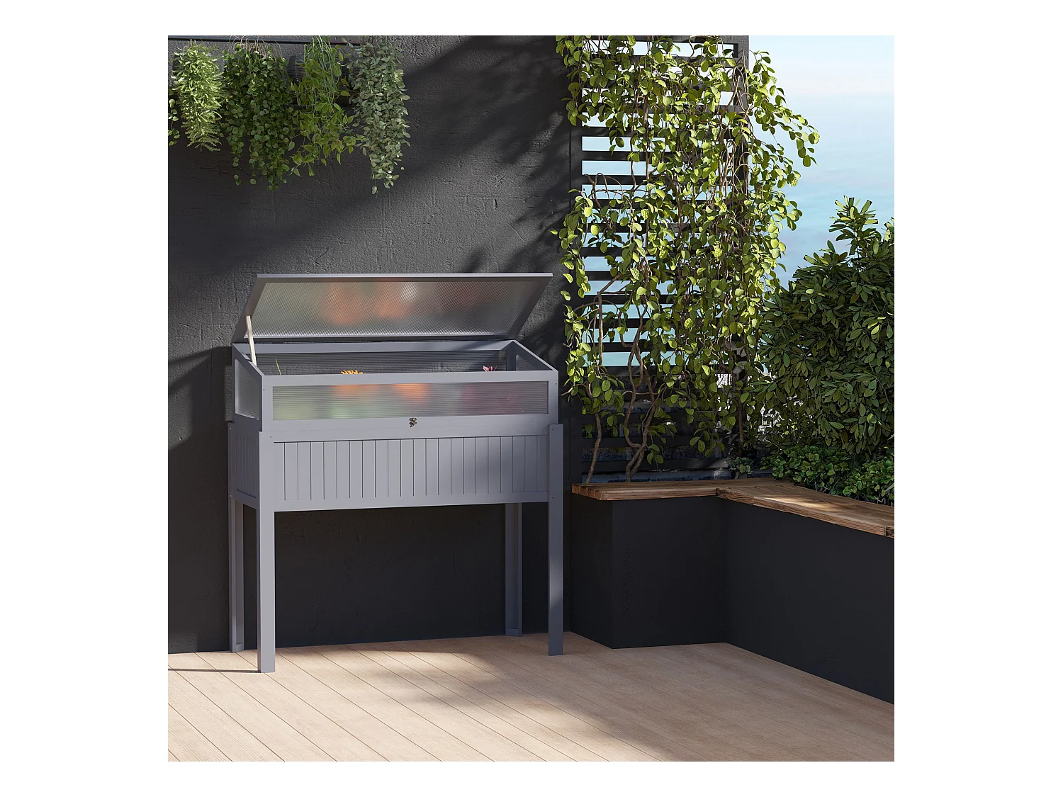 Jardinière surélevée avec serre intégrée, bois traité, polycarbonate gris (120x54x122cm)
