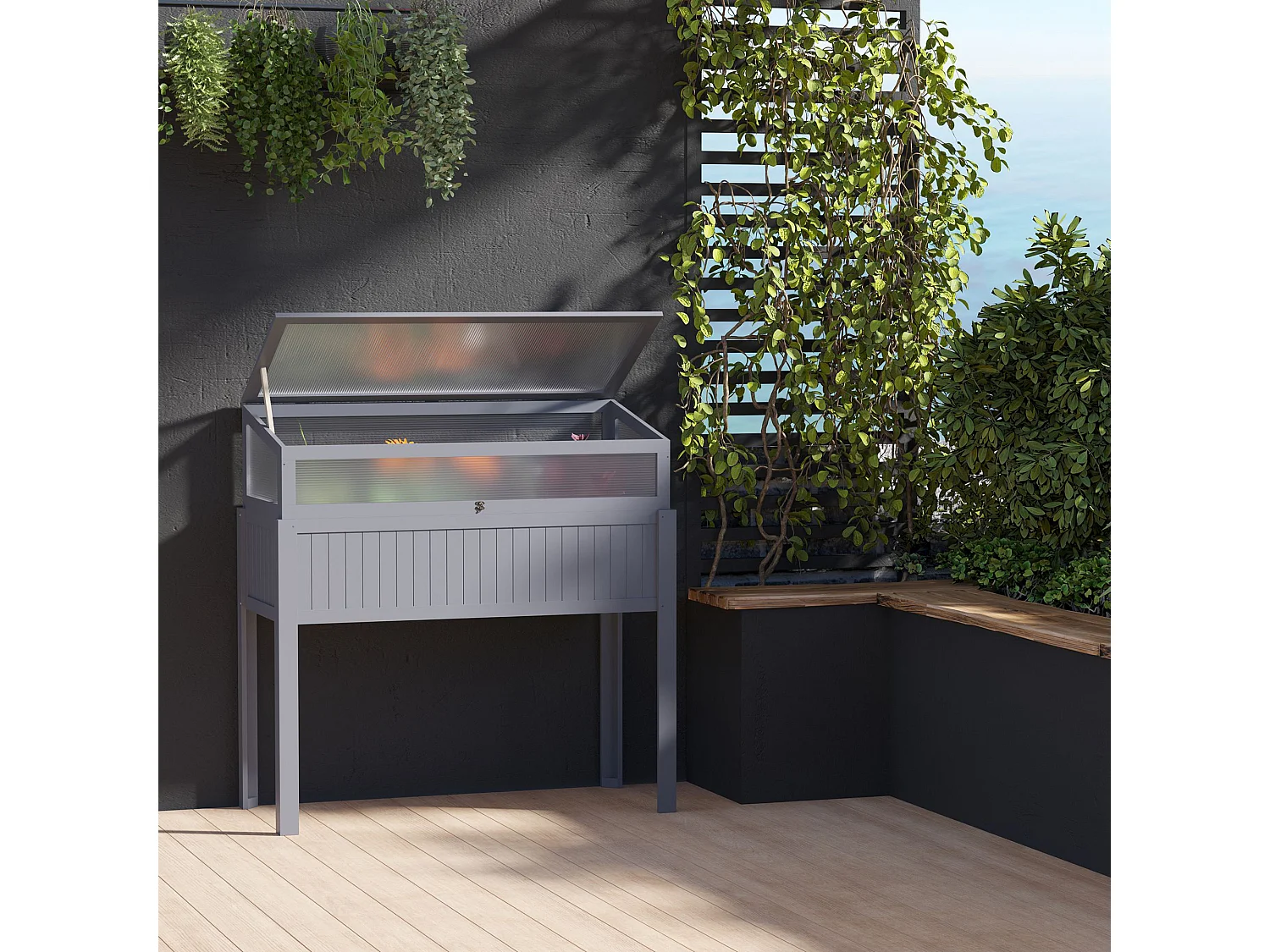 Jardinière surélevée avec serre intégrée, bois traité, polycarbonate gris (120x54x122cm)