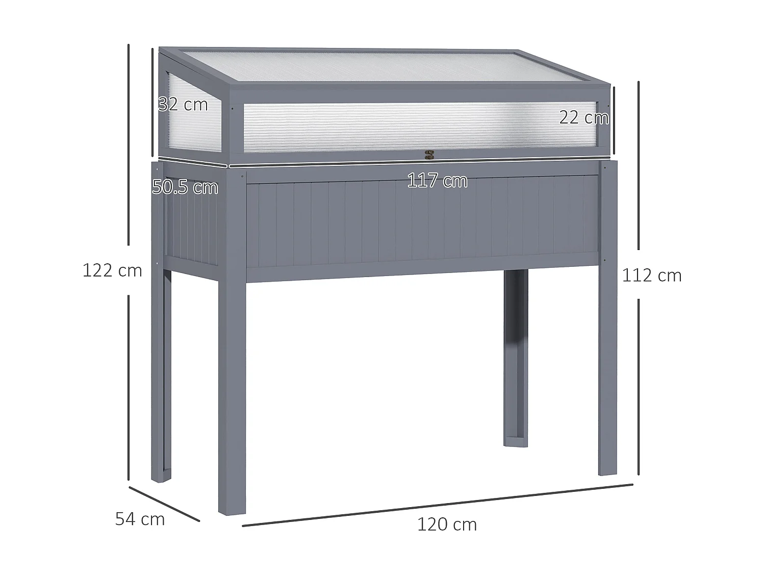 Jardinière surélevée avec serre intégrée, bois traité, polycarbonate gris (120x54x122cm)