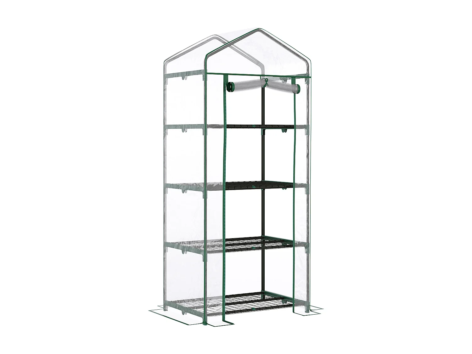 Minikas met planken, duurzame PVC-folie, stalen frame, roldeur, transparant groen (70x50x160cm)