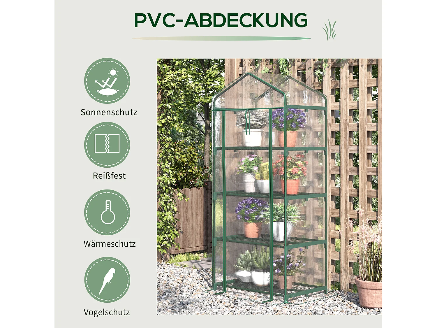 Minikas met planken, duurzame PVC-folie, stalen frame, roldeur, transparant groen (70x50x160cm)