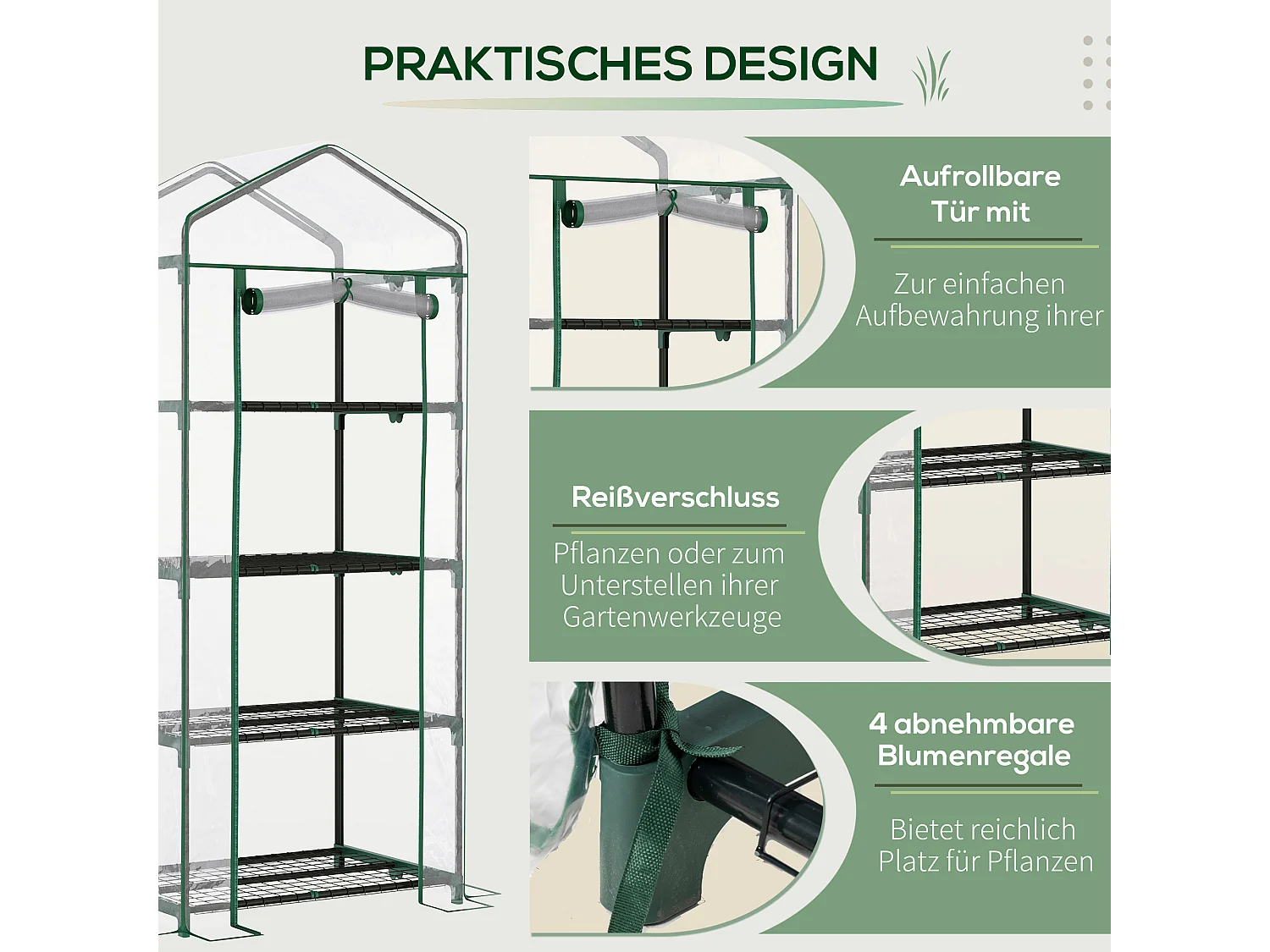Minikas met planken, duurzame PVC-folie, stalen frame, roldeur, transparant groen (70x50x160cm)