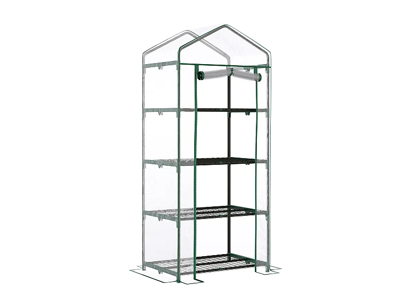 Minikas met planken, duurzame PVC-folie, stalen frame, roldeur, transparant groen (70x50x160cm)