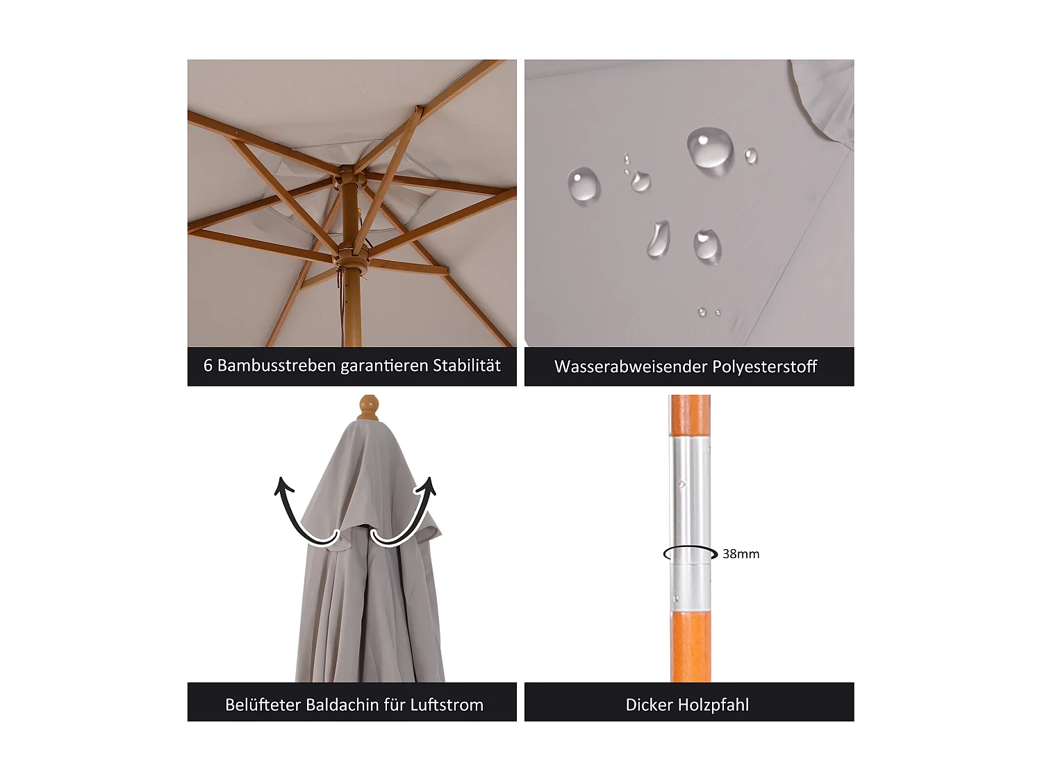 Parasol con LED, 3 posiciones, poliéster, bambú, gris, (250x250x230 cm)