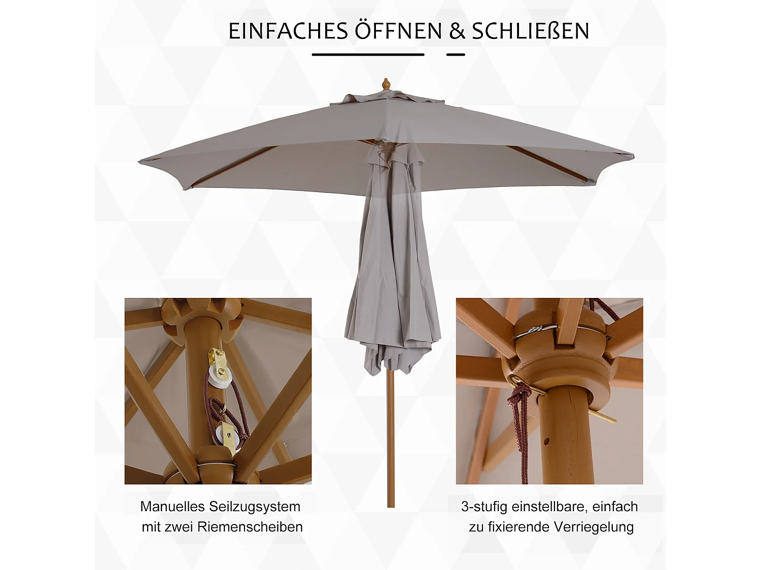 Parasol con LED, 3 posiciones, poliéster, bambú, gris, (250x250x230 cm)