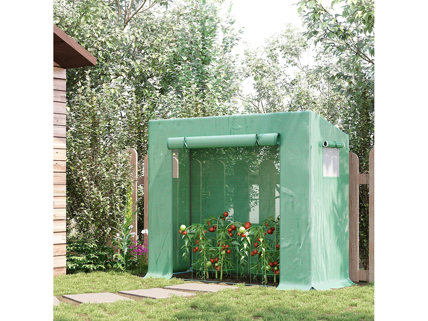 Tuinkas met roldeur, versterkte PE-folie, stalen frame, groen (200x76x168cm)