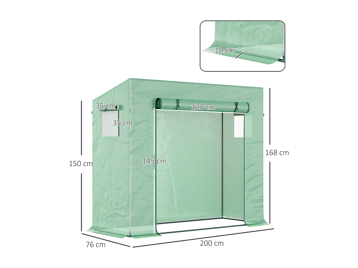 Tuinkas met roldeur, versterkte PE-folie, stalen frame, groen (200x76x168cm)