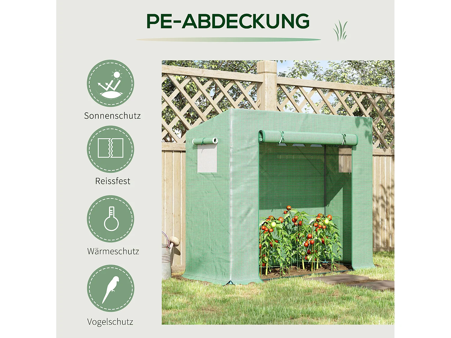 Tuinkas met roldeur, versterkte PE-folie, stalen frame, groen (200x76x168cm)