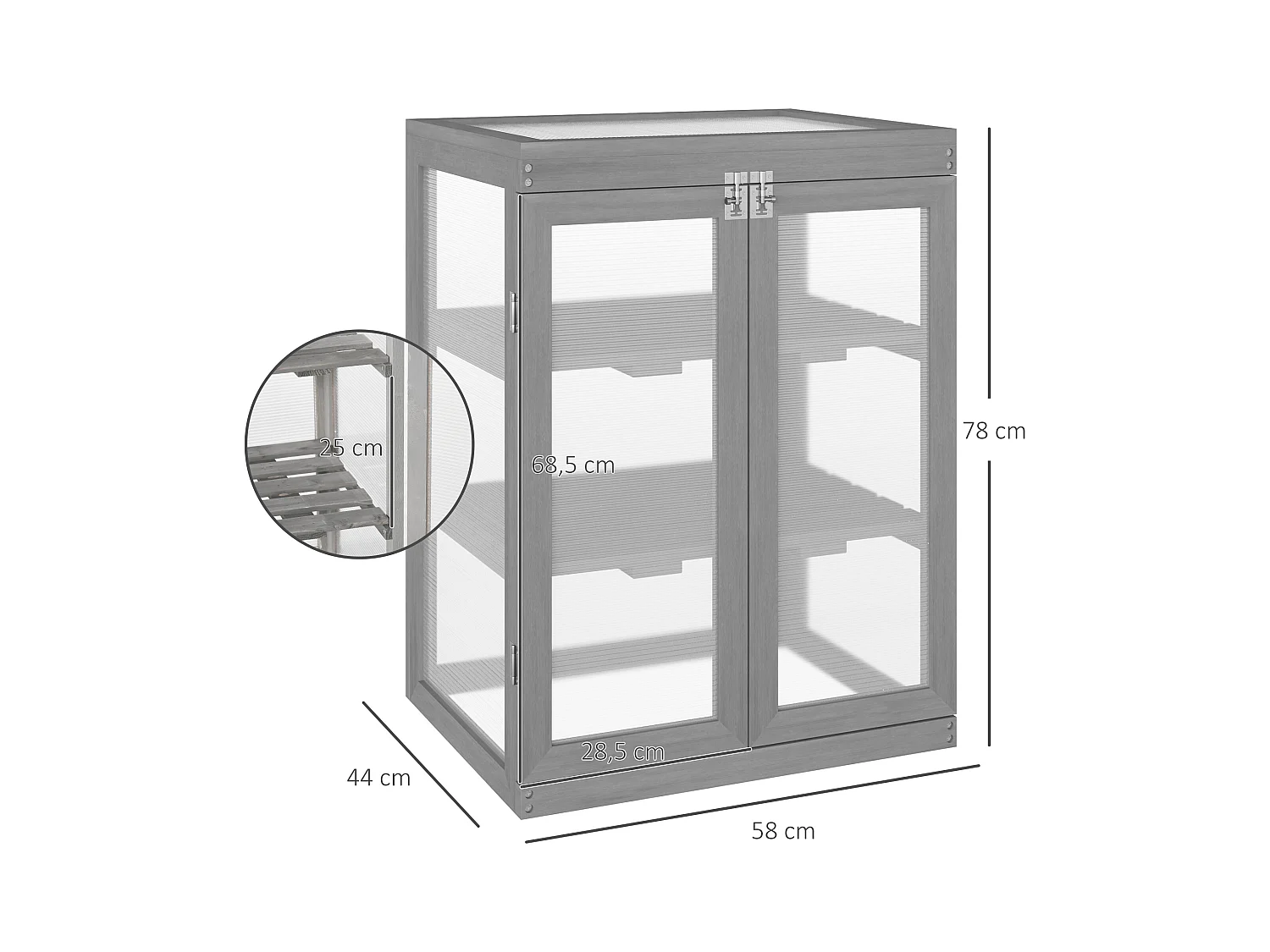 Serre de jardin avec 3 étagères, bois et polycarbonate, gris foncé (58x44x78 cm)