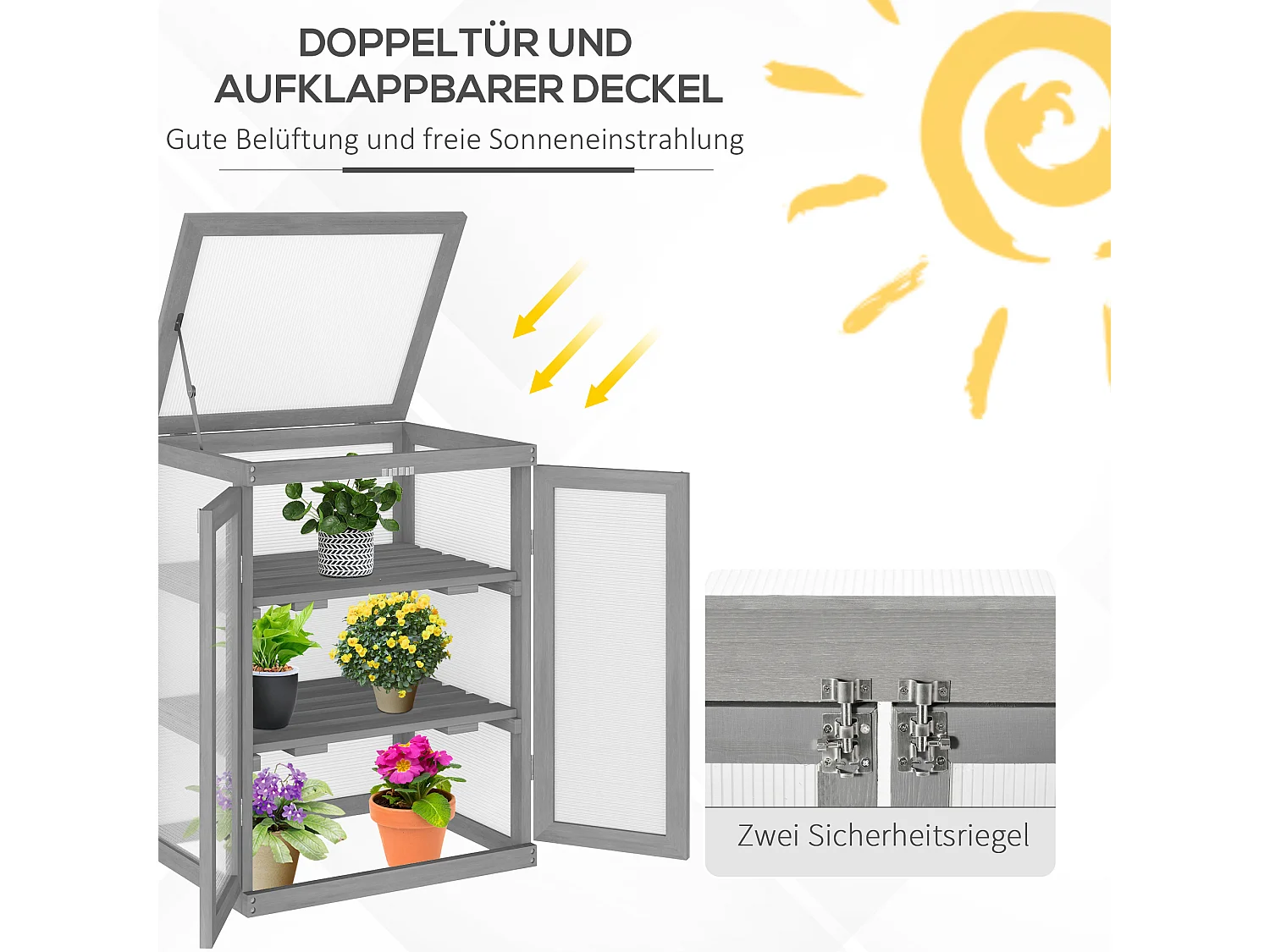 Serre de jardin avec 3 étagères, bois et polycarbonate, gris foncé (58x44x78 cm)