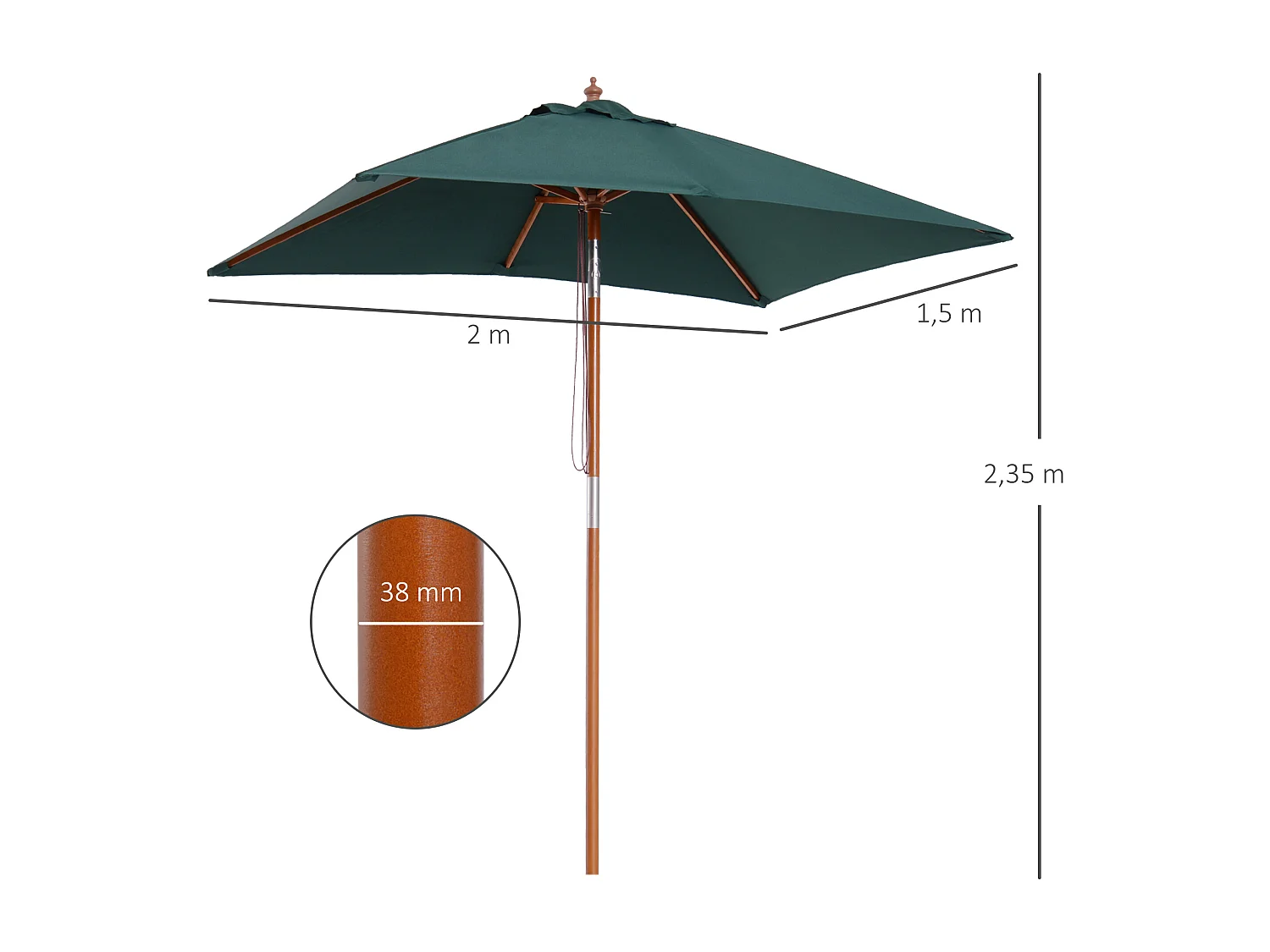 Houten kantelbare parasol, 3 standen, groen, 200x150 cm (L200xB150xH235 cm)