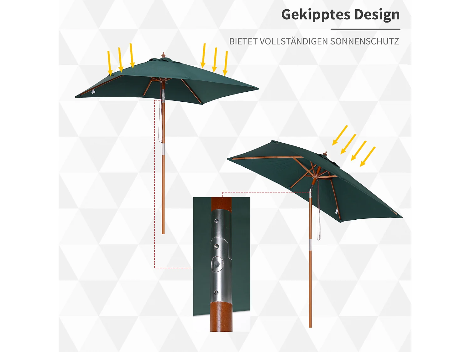 Houten kantelbare parasol, 3 standen, groen, 200x150 cm (L200xB150xH235 cm)