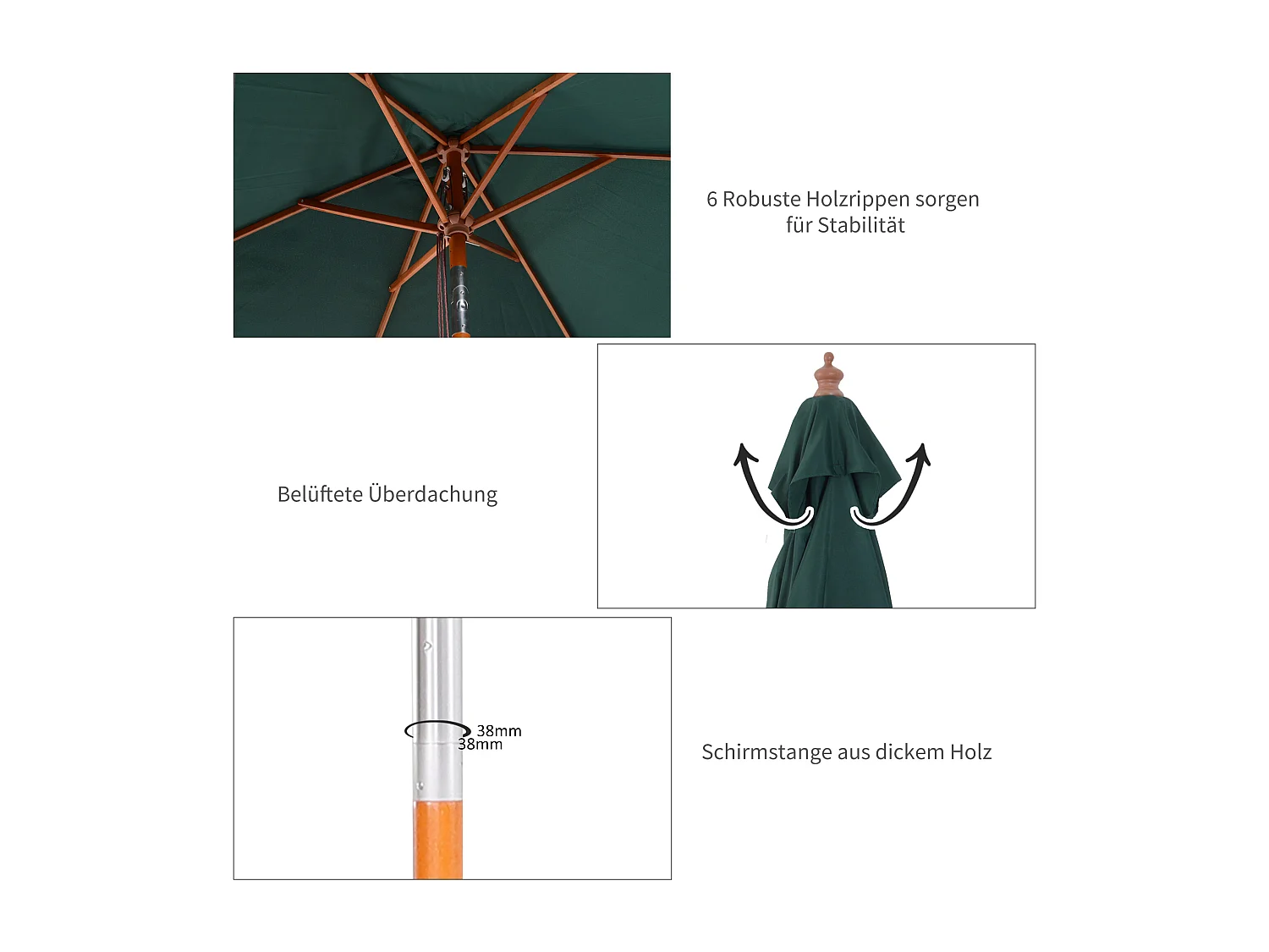 Houten kantelbare parasol, 3 standen, groen, 200x150 cm (L200xB150xH235 cm)
