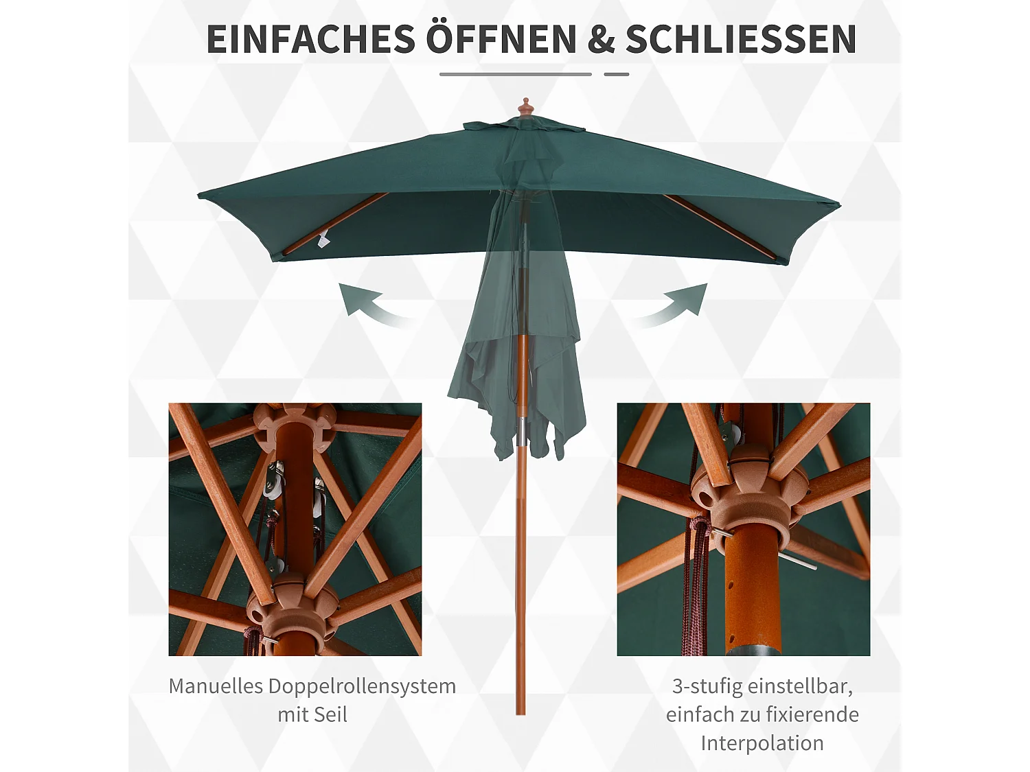 Houten kantelbare parasol, 3 standen, groen, 200x150 cm (L200xB150xH235 cm)