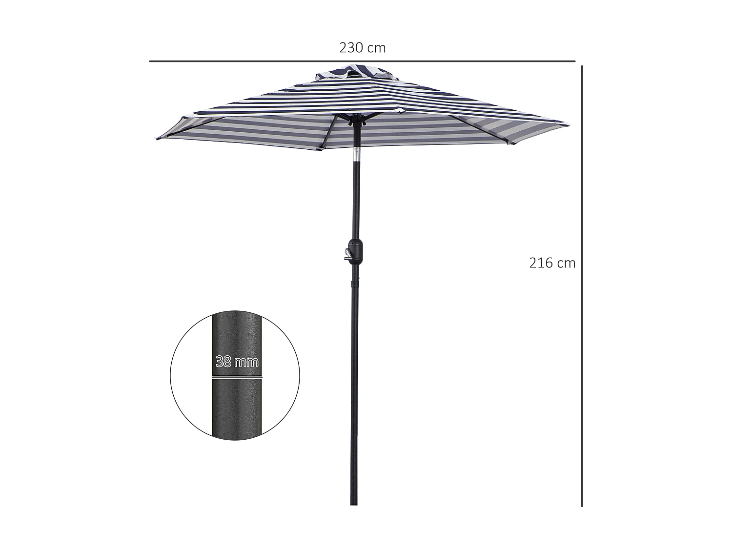 Tuinparasol met metalen frame, blauwe strepen, Ø230x216 cm, voor buitengebruik (230x230x216 cm)