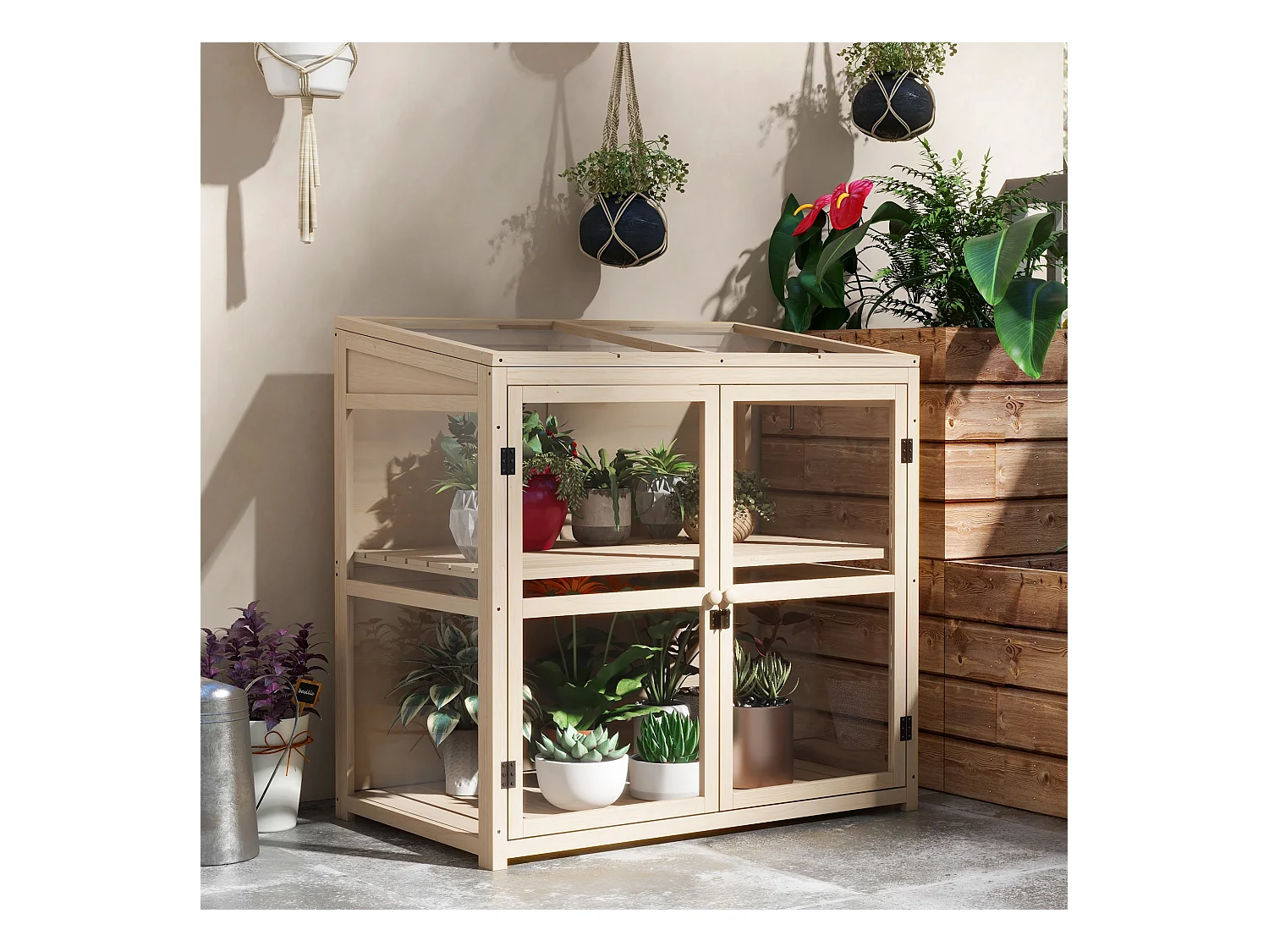 Serra da giardino in legno con doppia porta e lucernario, 2 piani, naturale (103x61x103 cm)